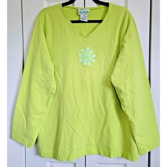 Quacker Factory 3/4 Sleeve‎ Stretch Knit Top Sz Large Lime Green Beaded Flower - Picture 1 of 4